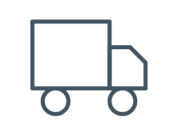 Ein stilisiertes Symbol eines Lastwagens mit zwei Rädern und einem rechteckigen Ladeteil.
